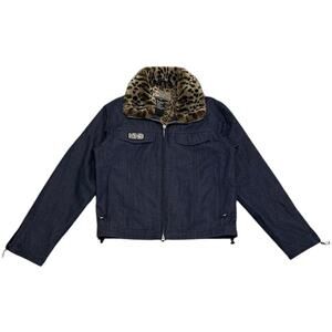 Roxy Y2K Cheetah Faux Fur Colar Flight Denim Moto Jacket